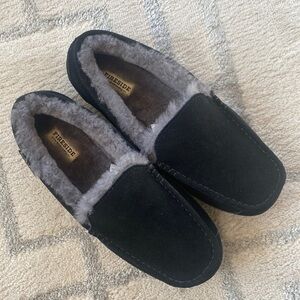 Fireside Dearfoams Men’s Melbourne Shearling Moccasin black Slipper 11 NWOT